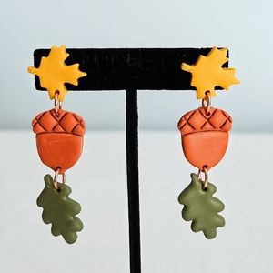 SD Handmade Boho Autumn Leaves & Acorns Polymer Clay Dangling Fall Post Earrings